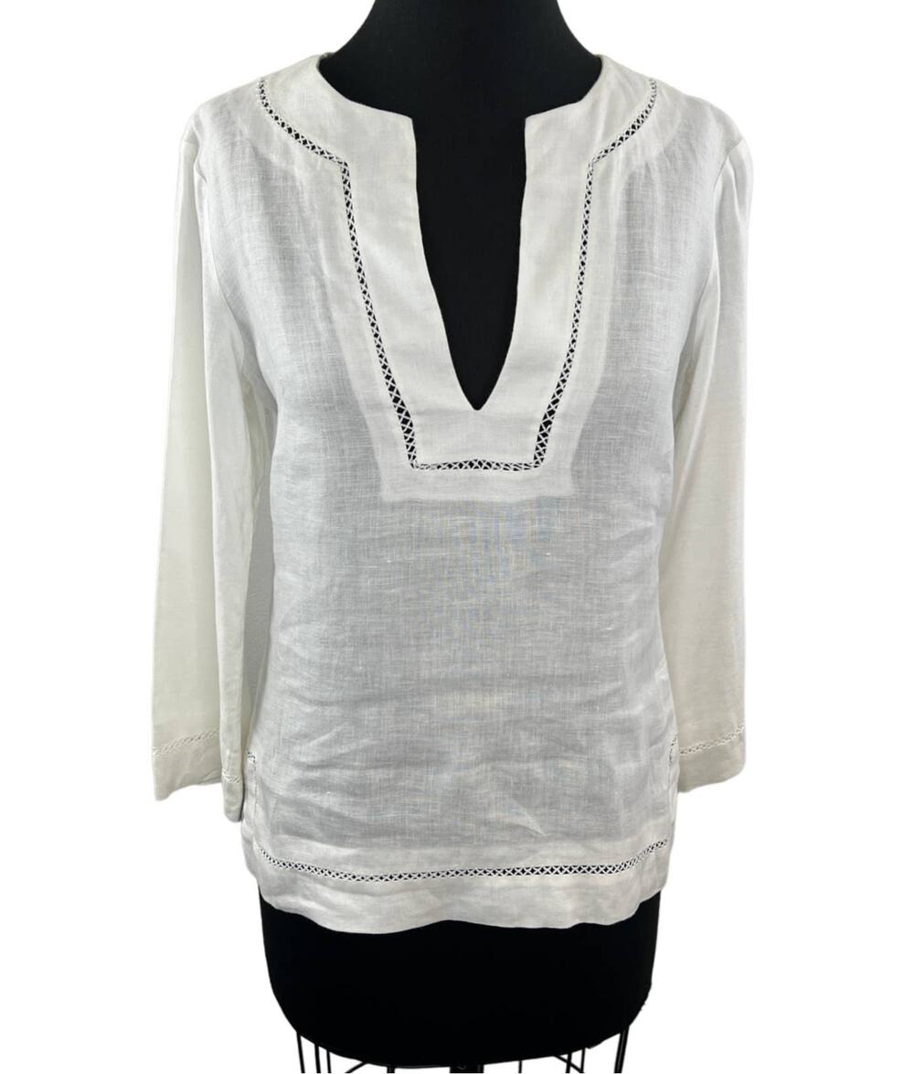 THEORY Normie Womens White Linen 3/4 Sleeve Plunging V-Neck Tunic Top Size S